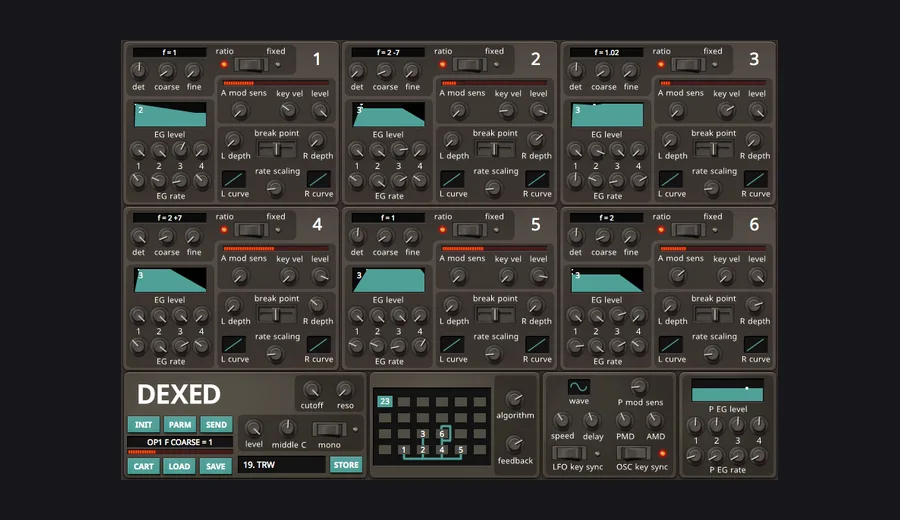 Dexed FM synthesizer interface