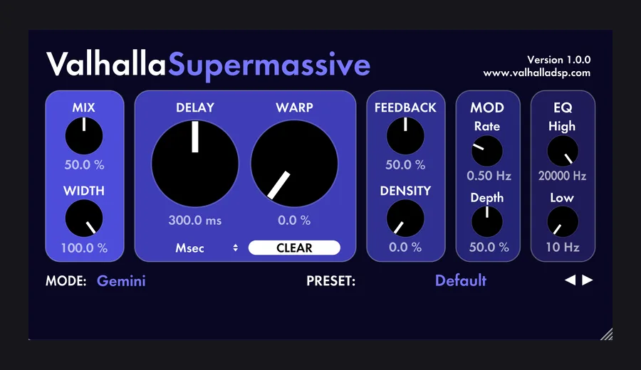 Valhalla Supermassive reverb interface